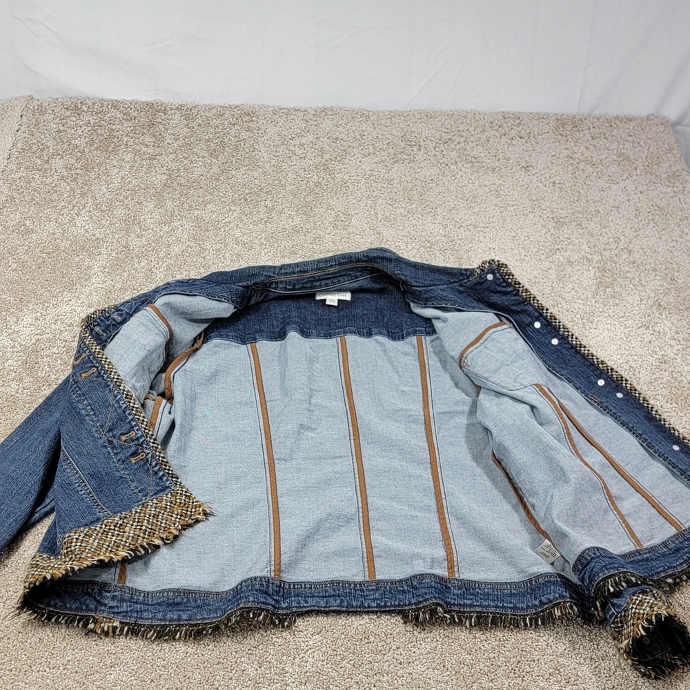 Coldwater Creek Womens W20 Denim Jacket Tweed Trim Fringe Blue Jean Button Up - Picture 3 of 5